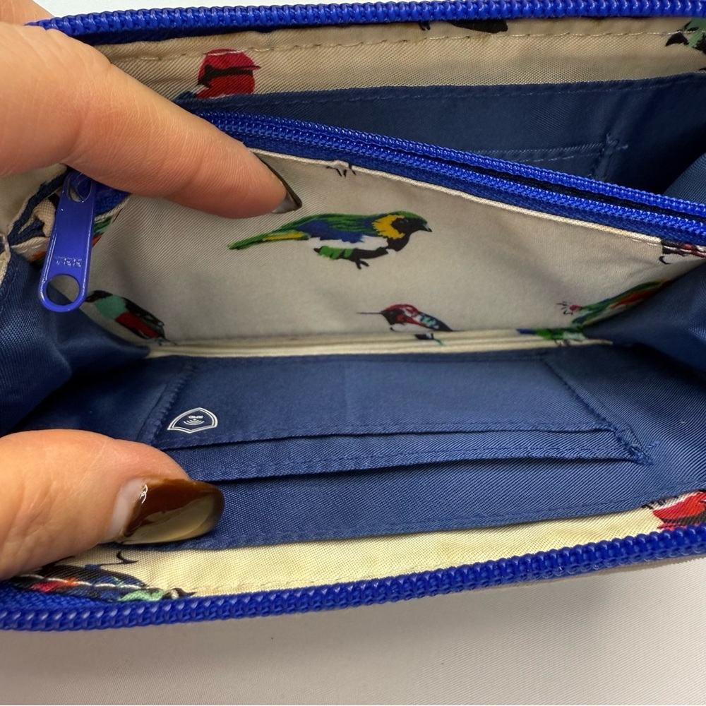 Vera Bradley Cream & Teal w/Royal Blue Zipper Bird Print RFID Protection Wallet